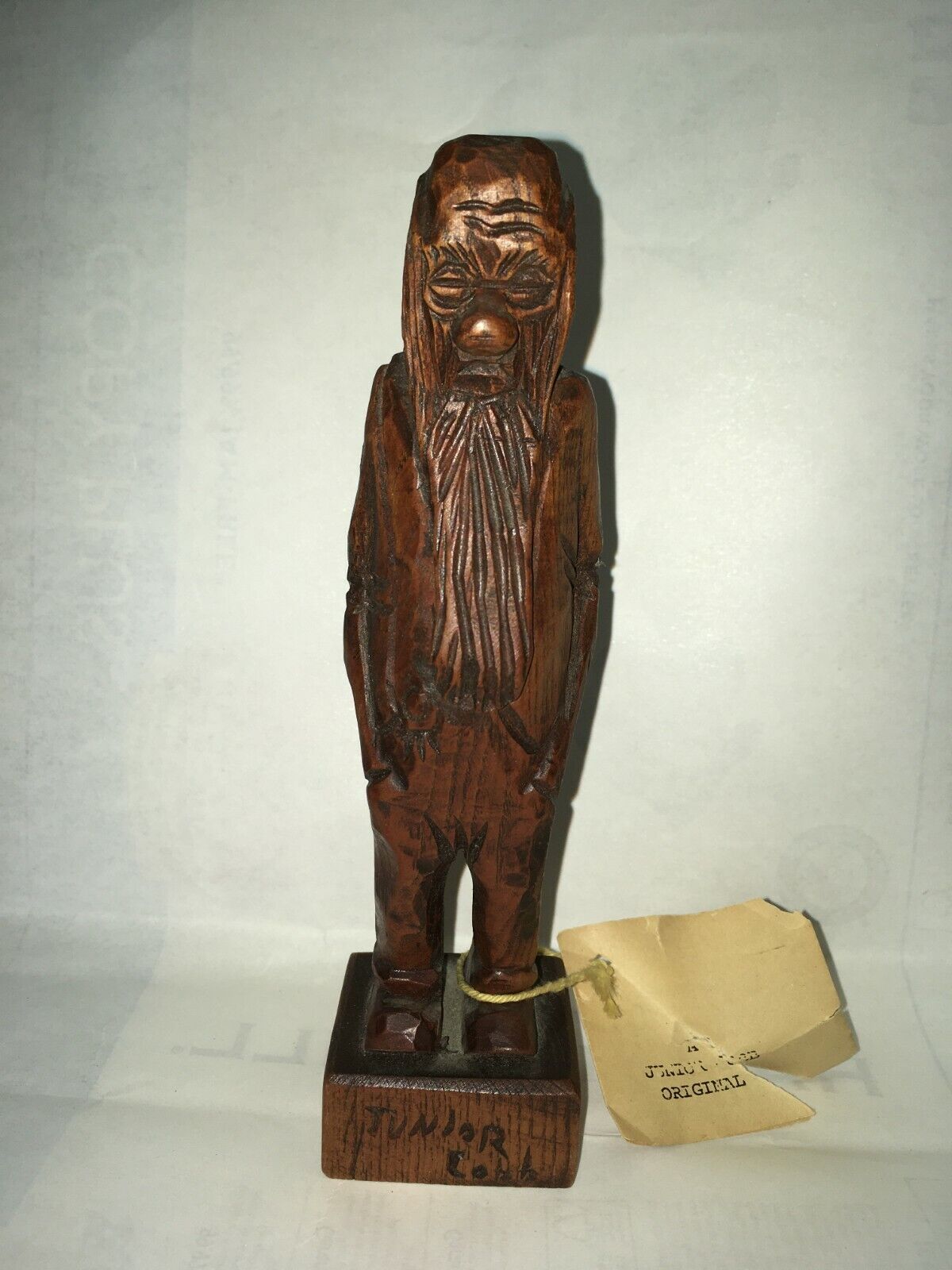 Signed Junior Cobb Carved Wood Long Bearded Man 6-1/2” with Tag