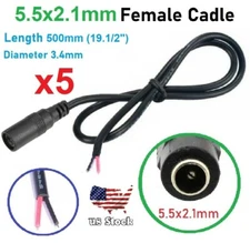 5x DC Power Plug cable 5.5x2.1mm Female 50cm 24AWG Led light/Camera output cable