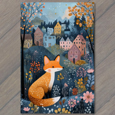 STICKER Sleepy Fox Colorful Houses Whimsical Garden Forest Night Charm