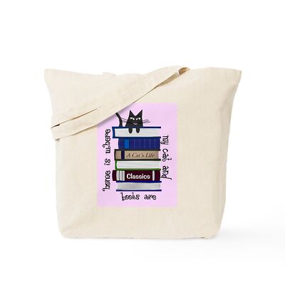 CafePress Home Is Where Cat And Books Are PINK Tote Bag (972222863)