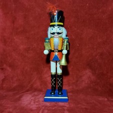 Vintage Nutcracker Trumpeter W/ Trumpet Blue Red Gold Black Feather In Hat 14"