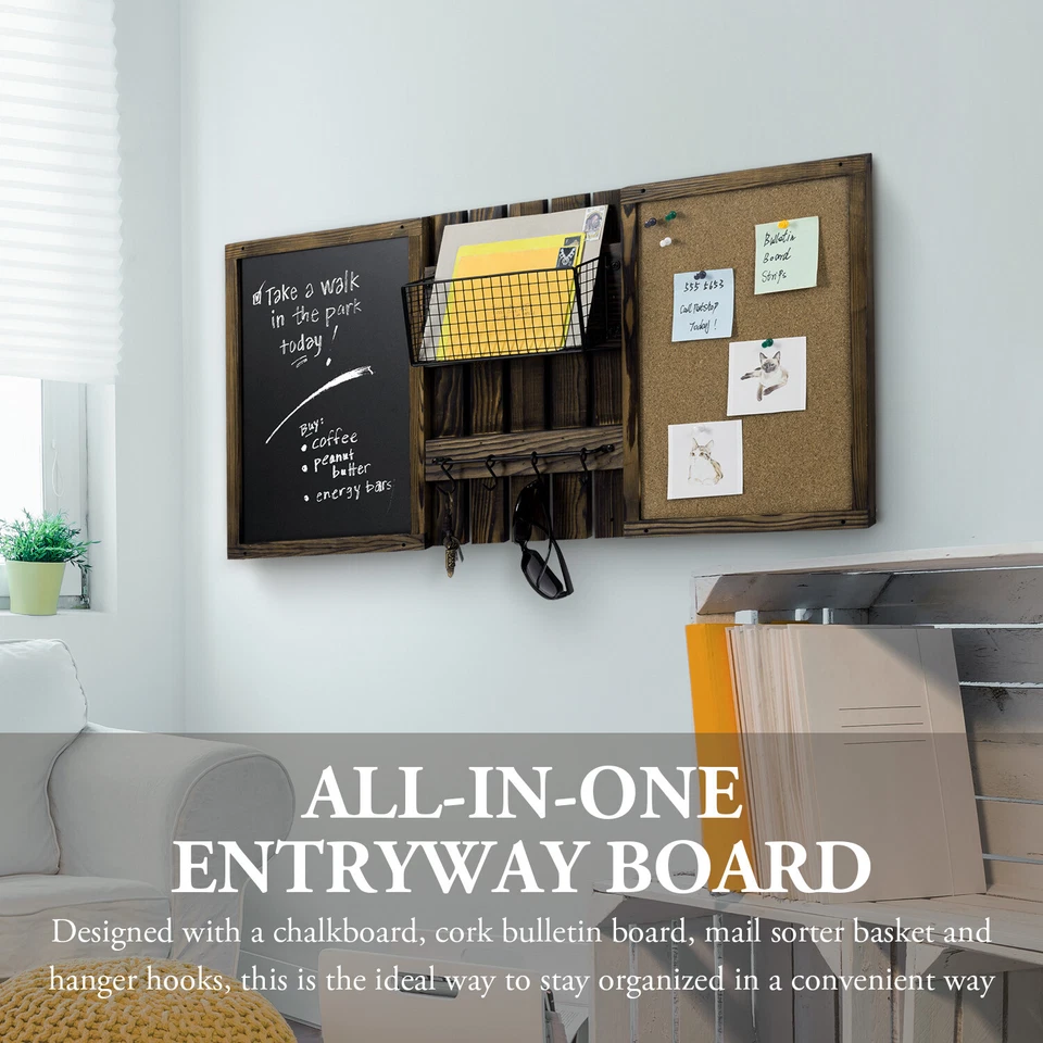 Wall Mounted Entryway Brown Wood Bulletin Board w/ a Chalkboard and Mail Basket - Image 3 of 4