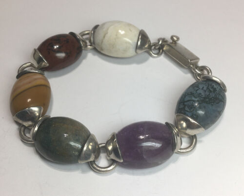 Sterling Silver Genuine Buffalo Turquoise Agate Jasper Link Bracelet Size 6.75“ - 第 1/12 張圖片