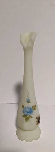 Fenton Swung Custard Satin Uranium Glass 7.5” Blue Flowers Bud Vase