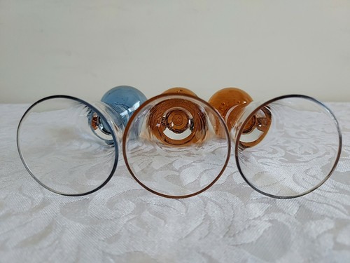 Set of 3 Colored Art Shot Glasses Brown Blue Bottom Hand Blown Suspended Bubbles - Imagen 7 de 11