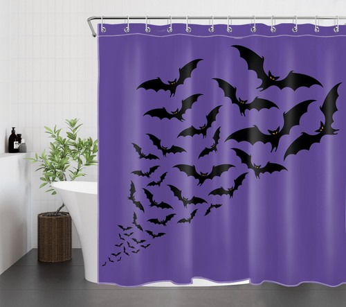 Purple Halloween Scary Horror Black Bat Shower Curtain Bathroom Accessories Set - Picture 12 of 22