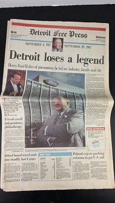 Detroit Free Press Newspaper Sept 30 1987 Henry Ford II Dies Detroit Loses A