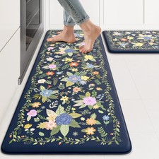 KIMODE Anti Fatigue Kitchen Mats 2 Pack Rectangular Floral Dark Blue Non-Slip Wa