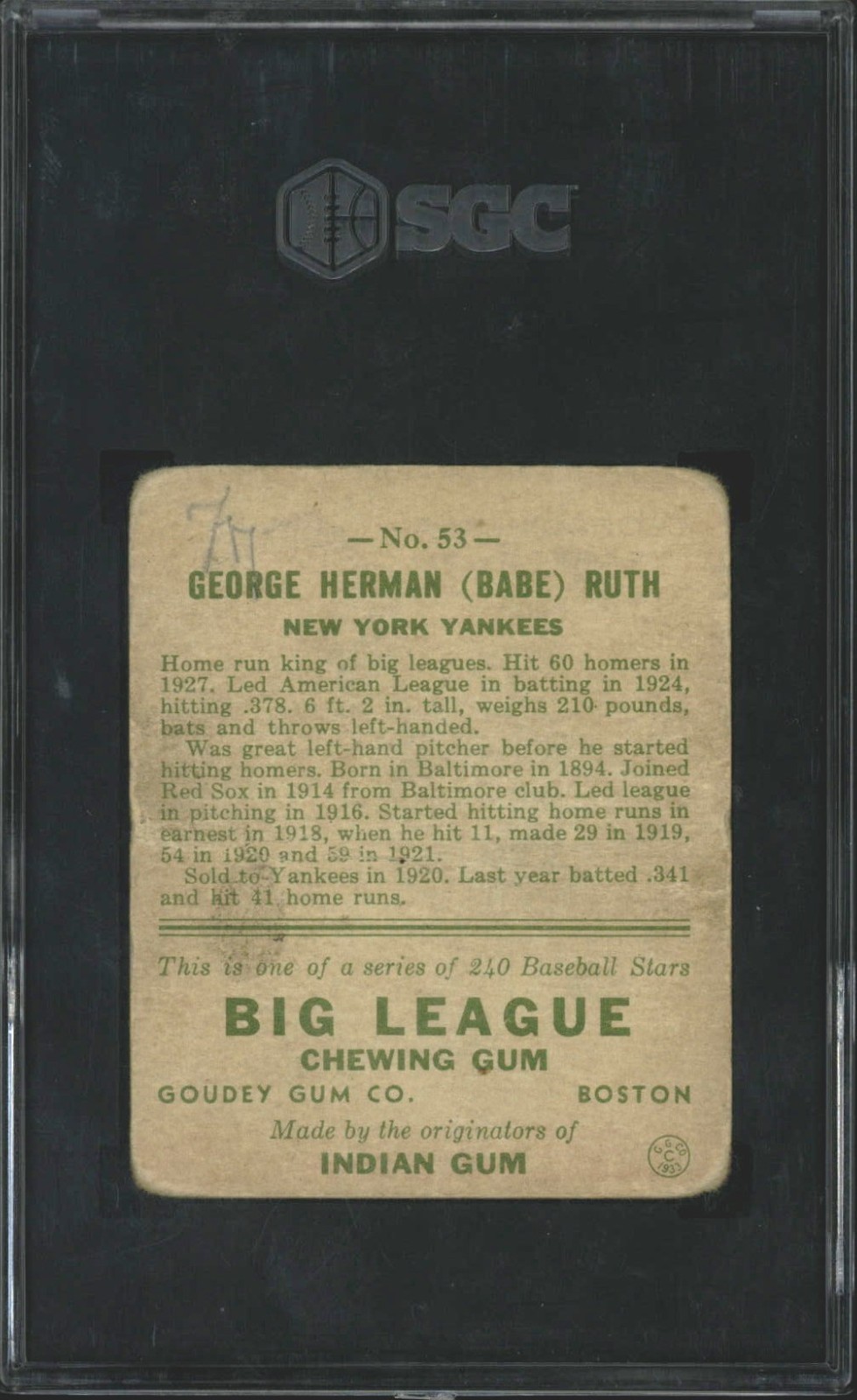 1933 Goudey #53 Babe Ruth - SGC 1 view 2