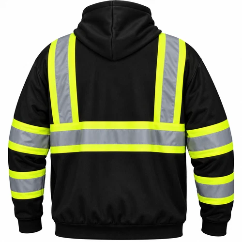 RSZH3411 Black  Hi Vis Reflective Road Work Full Zip Up Hooded Fleece Sweatshirt image 3
