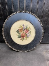 Antique 1944 Needlepoint Sewn Bouquet Flower 15  round Wood Frame Free Shipping