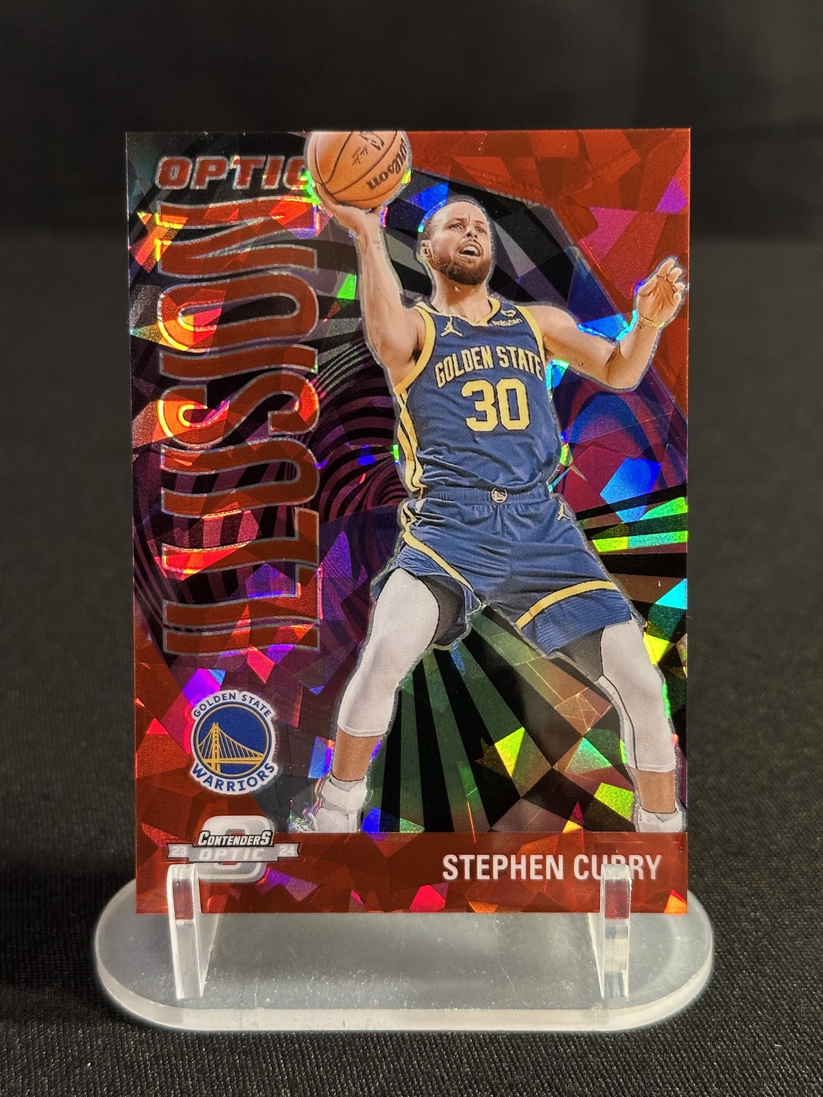 2023-24 Panini Contenders #11 Stephen Curry Optic Illusion Red Cracked Ice #/175