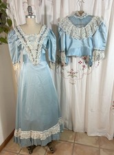 Vtg Blue Satin Colonial Costume Skirt  2 Tops Reenactment Theater Wedding XS