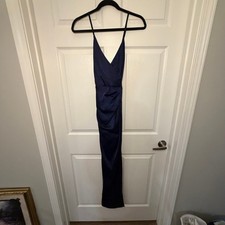 Fashion Nova Maxi Dress Navy Blue Small Satin Ruched Formal Prom Wedding Guest