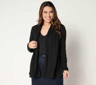 Susan Graver Regular Ribbed Liquid Knit Cardigan with Pockets Black M New