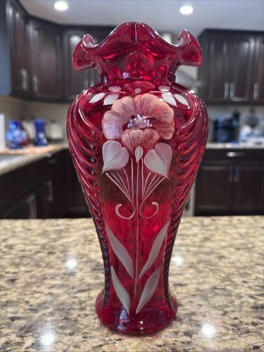 Vintage Fenton**CRANBERRY OPALESCENT FLORAL FEATHER VASE- stunning 10-3/4” High