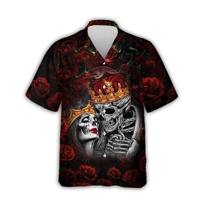 Gothic Skeleton King Queen Hawaiian Shirt Rose Crown Valentine Adult Kids Aloha