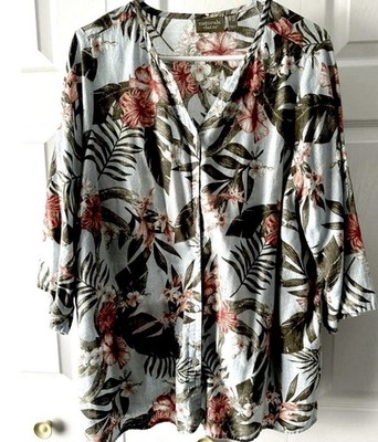 Denim & Co. Naturals Printed Linen Blend Button Front Top Denim Palm Large