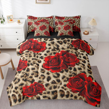Leopard Print King Size Comforter Set, Red Rose 7-Piece Bed in a Bag, Brown Chee