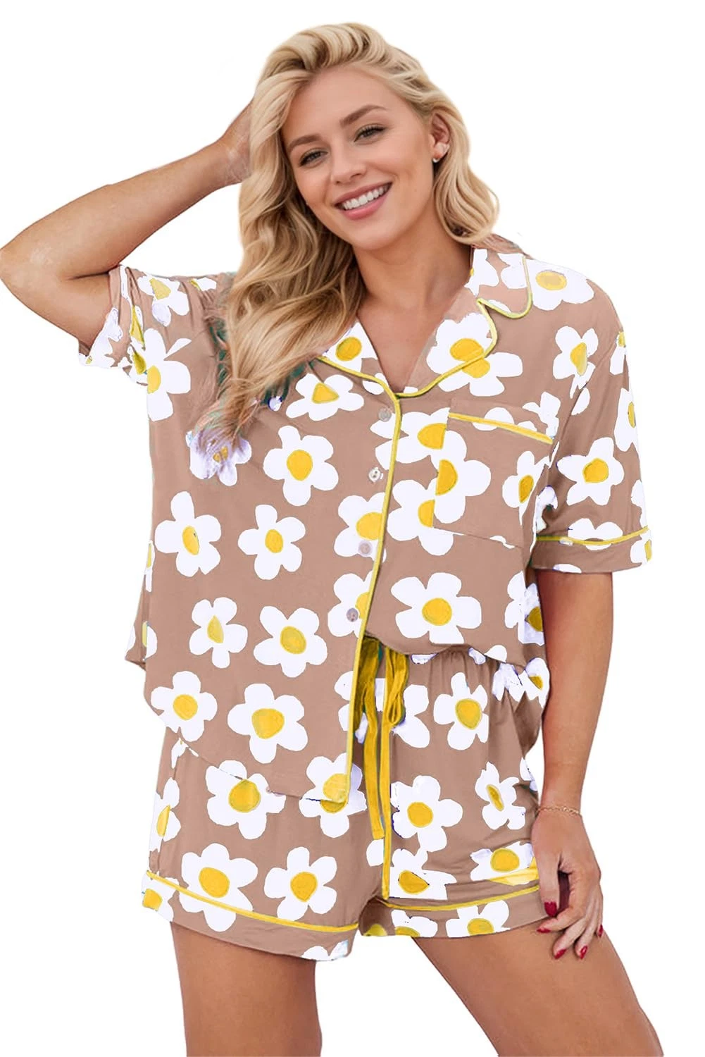 Womens Pajama Sets Brown White Flower Print Buttoned Drawstring Waist Lounge ...