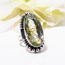 Golden Rutilated Quartz Ring, Solid 925 Sterling Silver Wedding Jewely Ring
