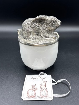 Bunny Rabbit Metal Lid on White Ceramic Bowl Dish with Original Tag NWOB Easter