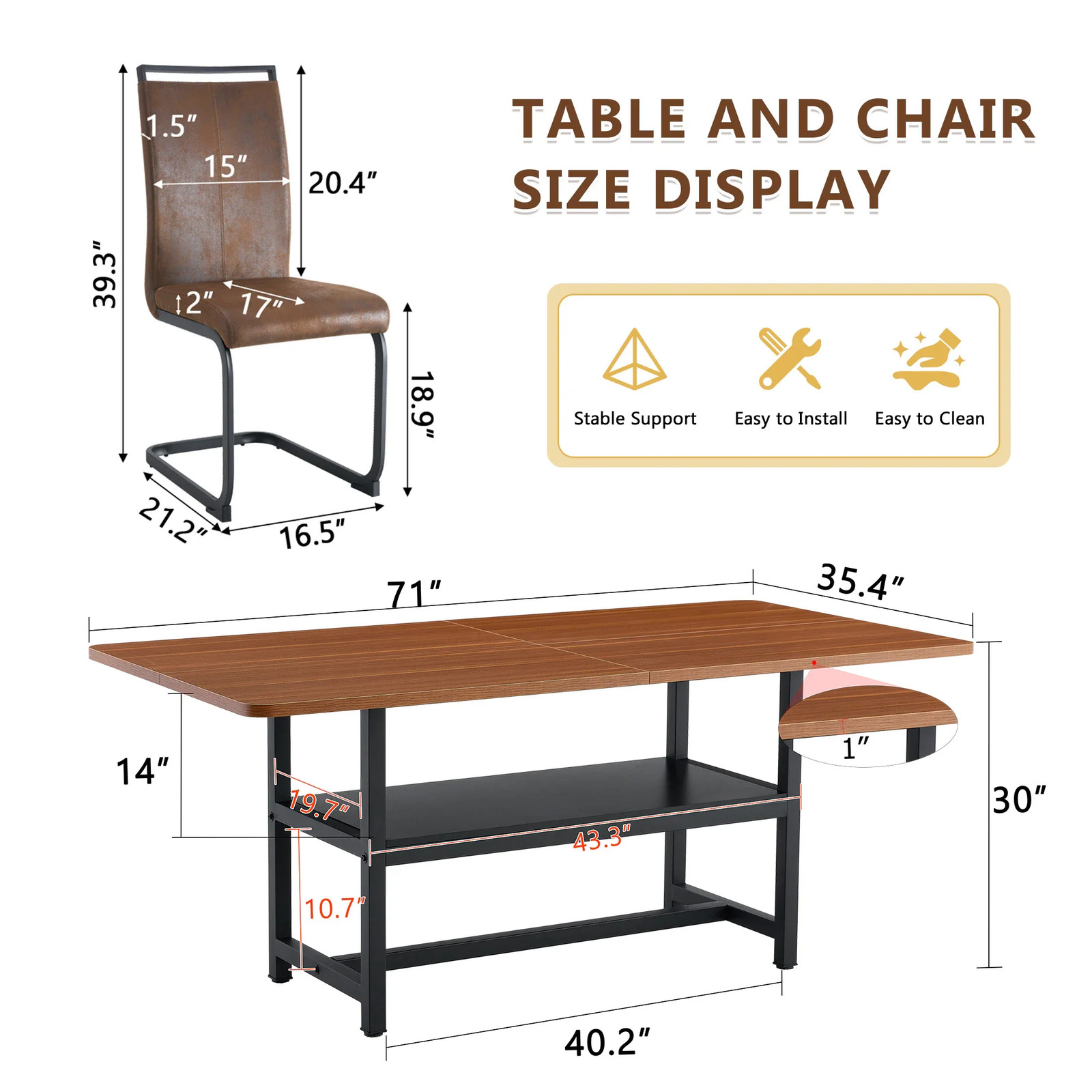 Table and chair set.71 inch long fashionable walnut grain dining table, a practical choice to add color to the home.Paired with 8 Technology-Fabric Brown Chairs With Black Sturdy Metal Legs.