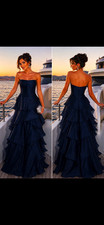 Strapless Tiered Ruffled Navy Taffeta Formal Gown Dress New with Tags