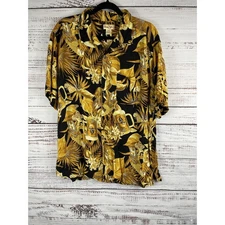 Panama Jack Shirt Men's XL Black Gold Hawaiian Floral Parrot Beer Mug Rayon Camp