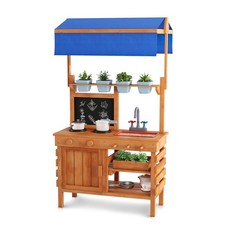 Solid Wood Mud Kitchen with Adjustable Roof Planting Cups & Tools for Children