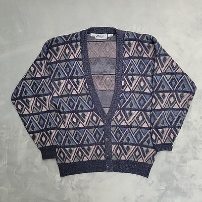 VTG Zeppelin Cardigan Sweater Men XL Multi Geometric Abstract Knit Wool Blend