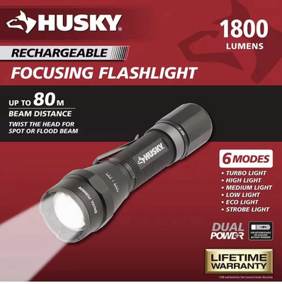 #ad Husky 1800 Lumens Dual Power LED Rechargeable Tactical Focusing Flashlight $19.90