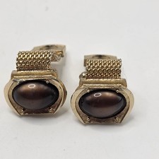 Swank Wrap Around Mesh Cufflinks Mens Gold Brown Cabochon Vintage MCM Dapper