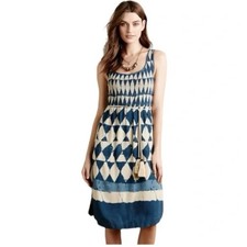 Maeve Castalia Indigo Blue & Cream Dress Size 2 Cream Tassel Tie Boho 