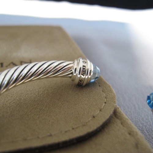 Brazalete David Yurman Plata Esterlina Topacio Azul Diamantes 5mm Cable Clásico J1 - Imagen 6 de 6