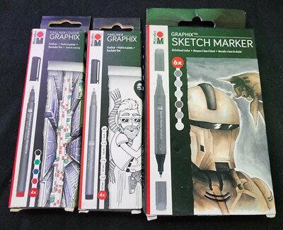Marabu Graphix Sketch 6 Markers  Set  Robot, Fineliner  black, and color 8 pen