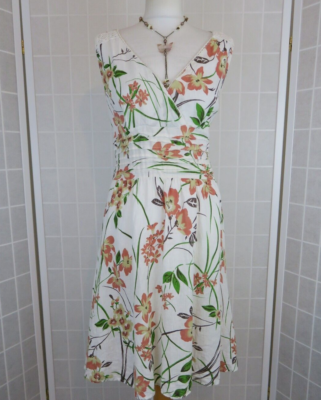 Piazza Roma Dress Size M White Brown Floral 100% Linen Pintucks Made In  Italy | eBay UK