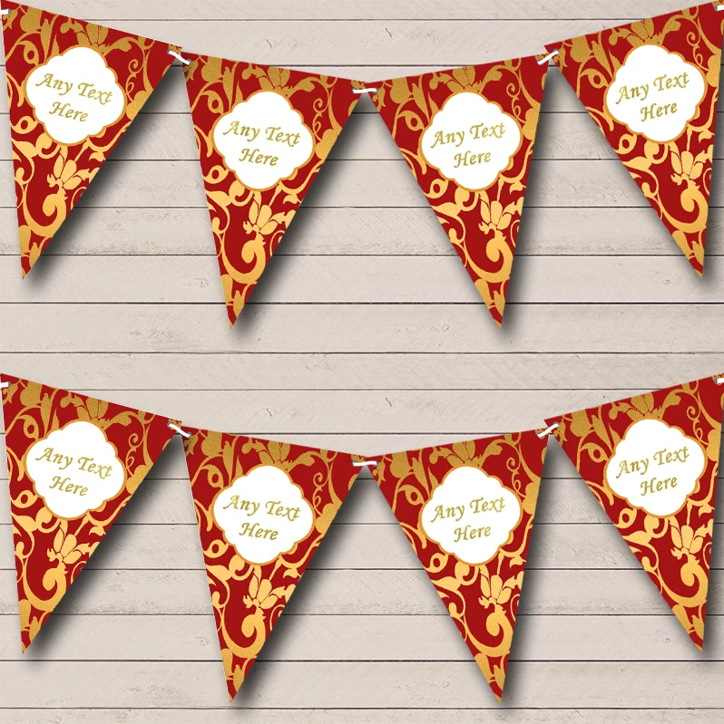 THECARDZOO Regal Deep Red And Gold Vintage Damask Birthday Party Bunting Banner