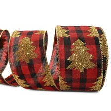 Gold Glitter Christmas Trees Red Black Buffalo Plaid Wired Ribbon - 2.5"W x 10 Y