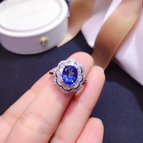 2KT natürlicher blauer Topas Blume Heiligenschein Hochzeit Verlobungsring 14K Weißgold Oberfläche - Bild 8 von 9