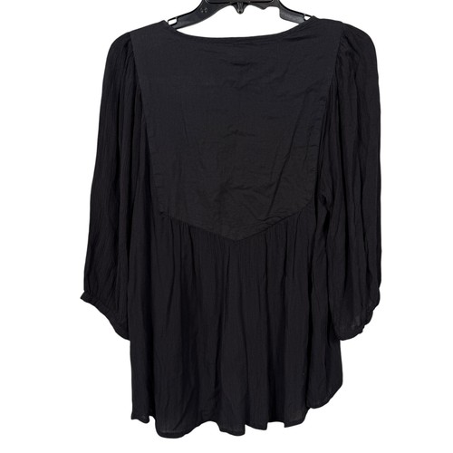 Ecote Top Blouse Womens Large Dark Gray Beige Embroidered Peasant Boho Crinkle - Picture 2 of 10
