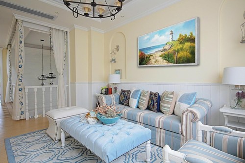 Arte de pared en lienzo costero Acocifi océano faro paisaje marino, pintura cielo azul - Imagen 3 de 4