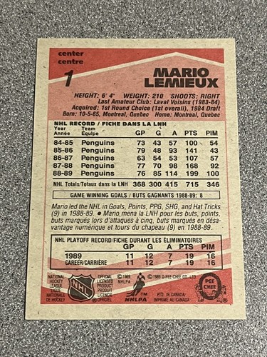 1989 O-Pee-Chee Mario Lemieux #1 - 第 2/2 張圖片