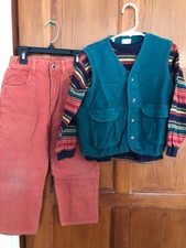 Next UK Boys SZ 5-6 Three PC Set Pants Shirt Vest Rust and Green