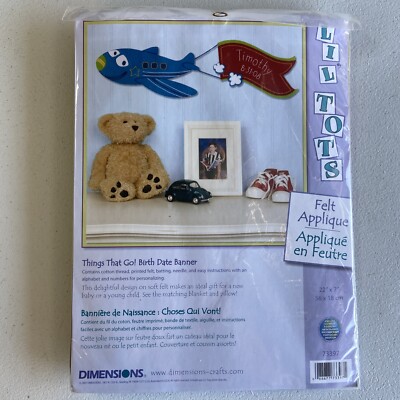 Dimensions Things That Go! Airplane Birth Date Banner Felt Applique Kit NEW