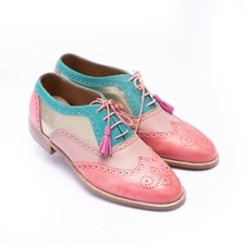 Handmade women pink 3 tone dress shoes, oxford wingtip brogue dress shoes women