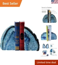 Heavy-Duty Polished Blue Agate Bookends - Decorative Geode for Home & Office