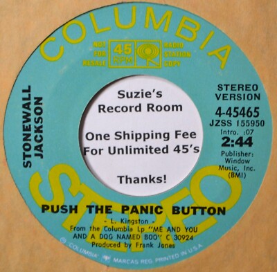 Stonewall Jackson Push the Panic Button DJ Country Western 45 7'' Vinyl -Coupons!