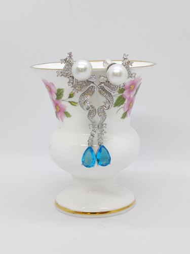 Genuine Huge Natural 14mm White Sea Pearl Earrings Drop PT950 Platinum Diamonds - Picture 14 of 24