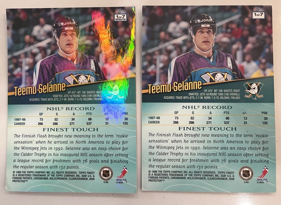 1998-99 Topps Finest Jumbo Refractor Teemu Selanne #1 HOF + Regular Jumbo - Image 3 of 3